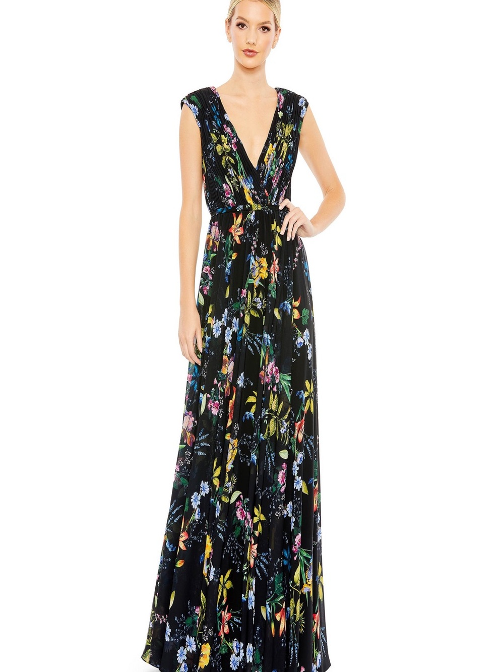Mac Duggal Black Floral V-Neck Maxi Dress with Multicolor Print